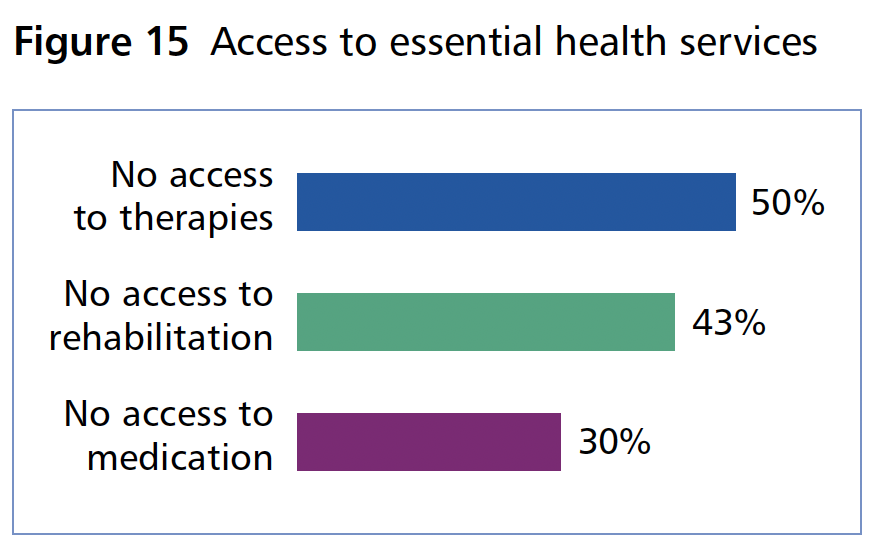 Figure 15 (No access to therapies: 50%; No access to rehabilitation: 43%; no access to medication: 30%)
