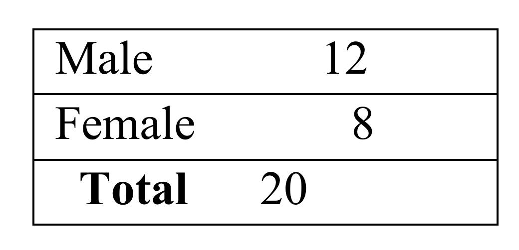 Table 1. Gender (Male 12; Female 8; Total 20)