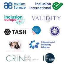 Autism Europe, Inclusion International, Inclusion Europe, Validity, TASH, European Disability Forum, ENIL, DRI, International Disability Alliance, CRIN, IFSBH Logos